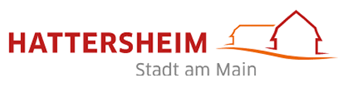 Logo von „Hattersheim“ in roter Schrift mit dem Slogan „Stadt am Main“ darunter und stilisierten Häusern als Symbol.