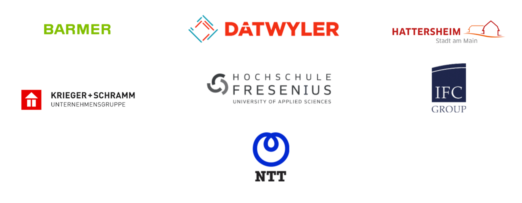 Eine Sammlung von Firmenlogos, darunter Barmer, Datwyler, Stadt Hattersheim, Hochschule Fresenius, IFC Group, Krieger+Schramm und NTT.